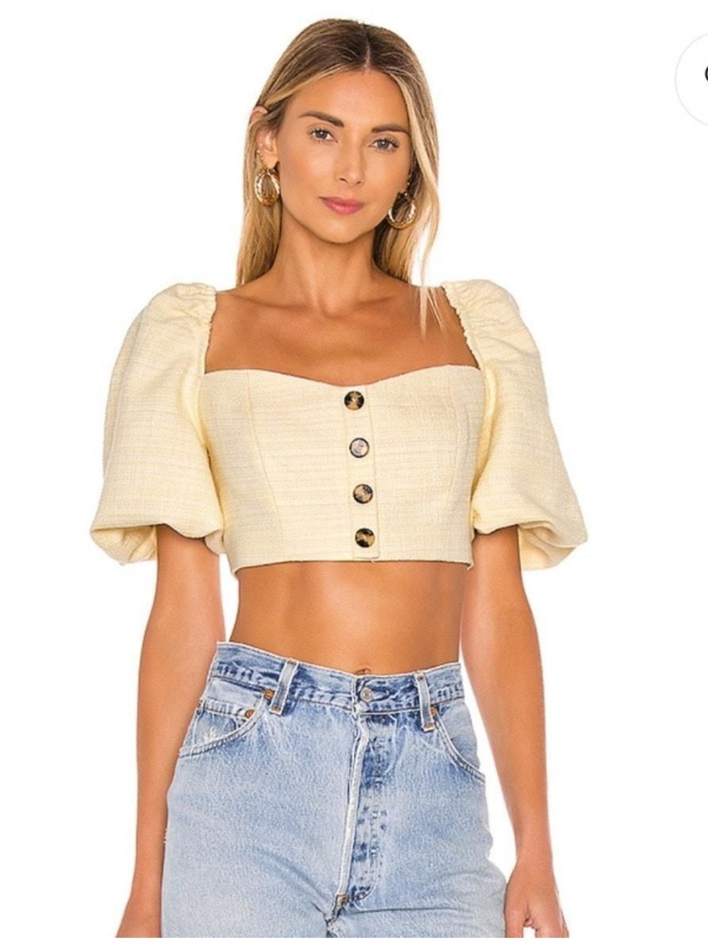 Revolve LPA Butter Yellow Elazar Puff-Sleeve Cropped Button Tweed Top